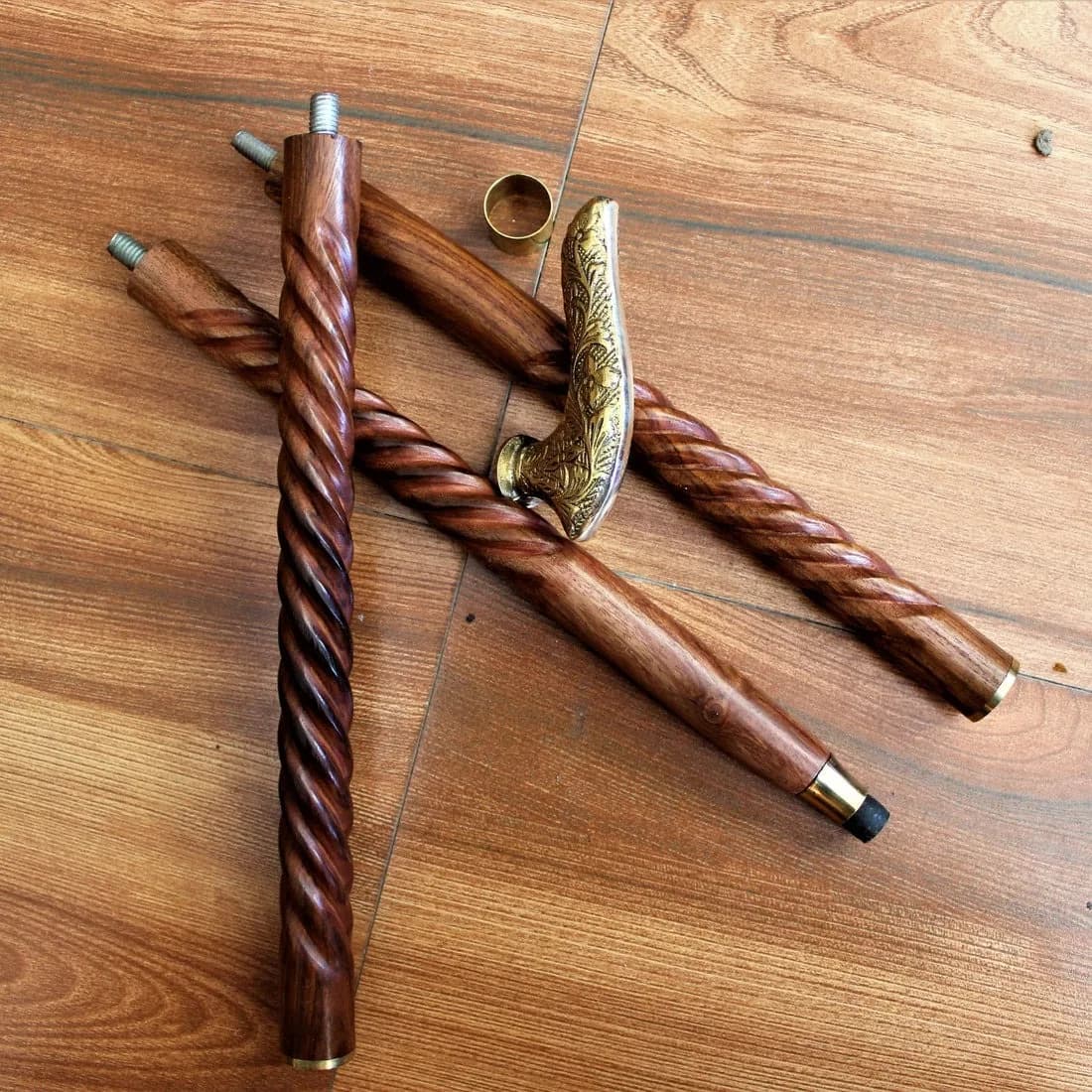 Antique Style Folding Trekking Pole Left-Handed Hiking Stick with Solid Wood Body Brass Handle Metal Tip for Hiking