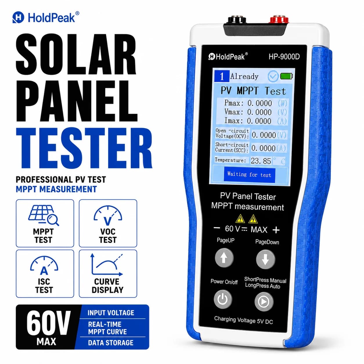 HoldPeak HP-9000D Solar MPPT Tester 800W PV Panel Analyzer for Voc Isc Vmp Imp Pmax with 2.8" TFT Display Data Record Function