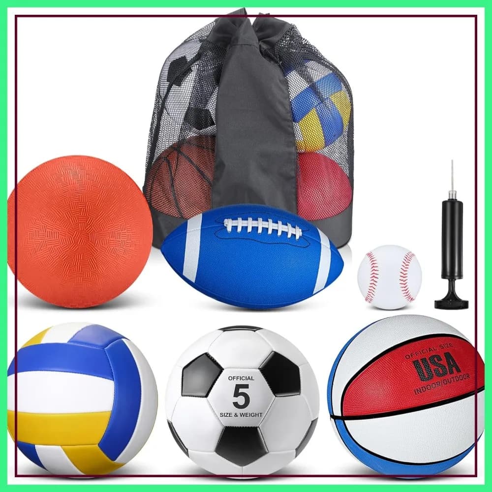 Set di 6 Palloni Multisport: Calcio, Basket, Pallavolo, Baseball e Palla da Gioco con Pompa e Borsa
