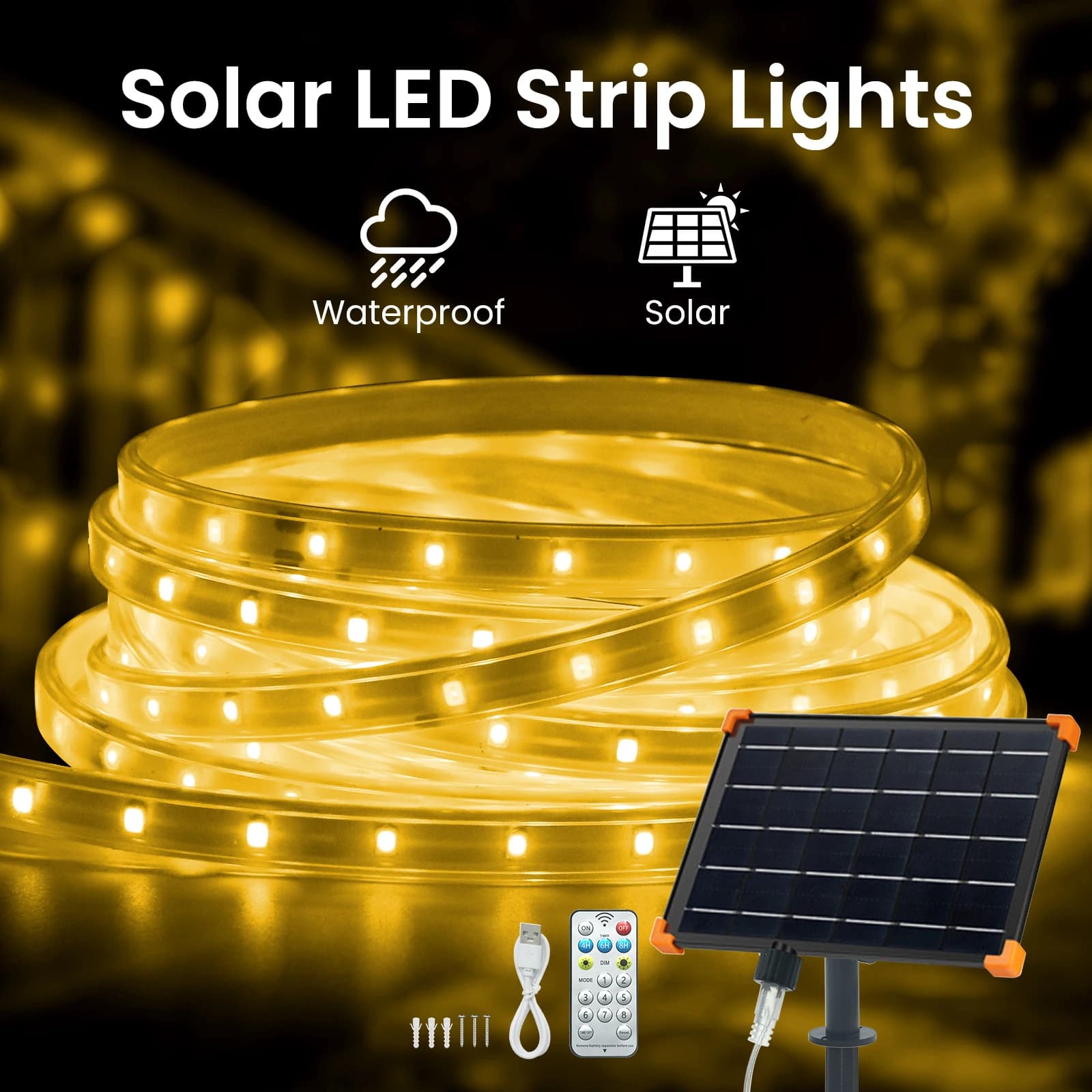 Striscia LED Solare 5V per Esterni Impermeabile con Telecomando, Alta Densità 320LED/M, 3M 5M 10M 20M 30M, Decorazione per Cortile