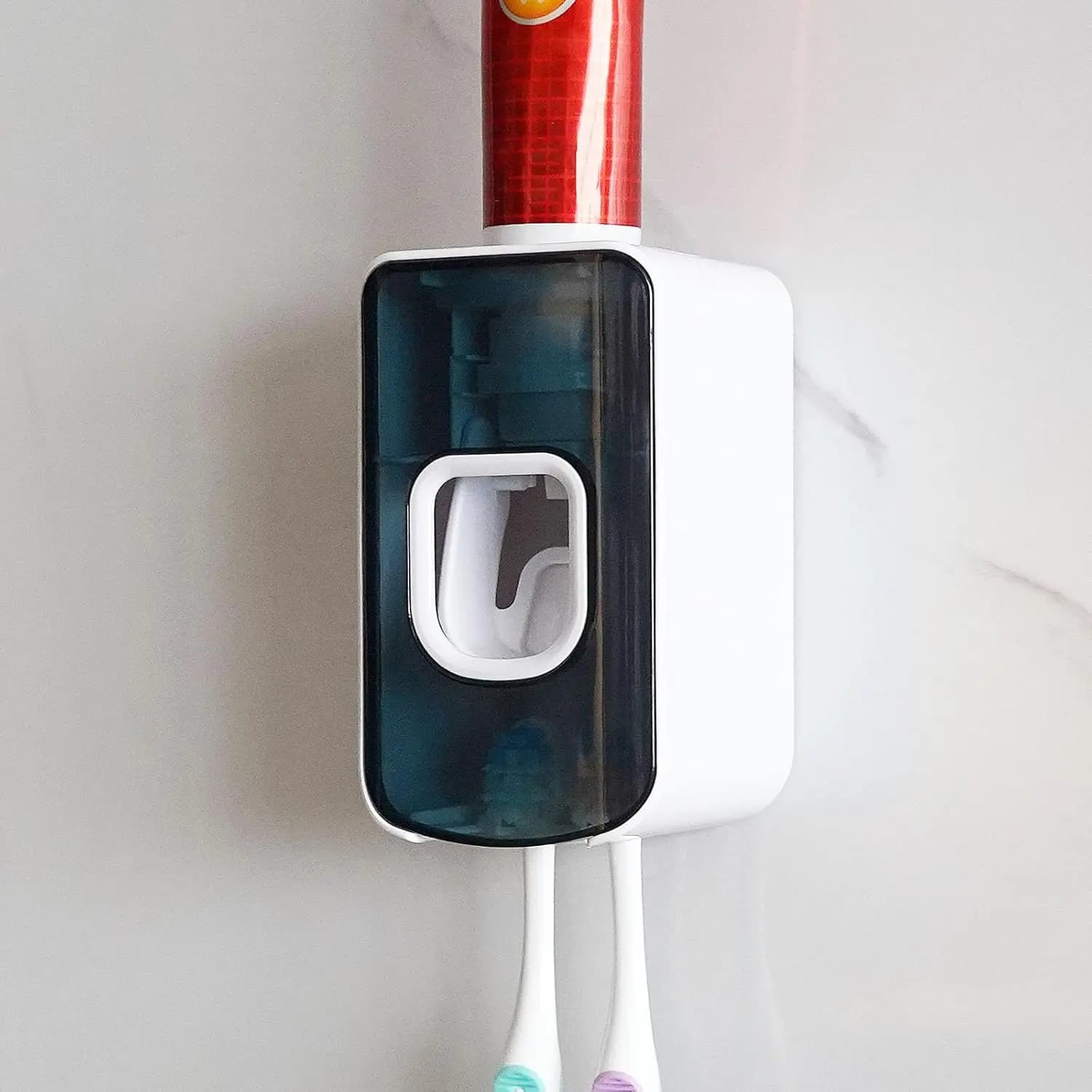 Portaspazzolini a 2 scomparti con dispenser automatico di dentifricio, organizer 2 in 1 da parete per bagno e doccia, blu