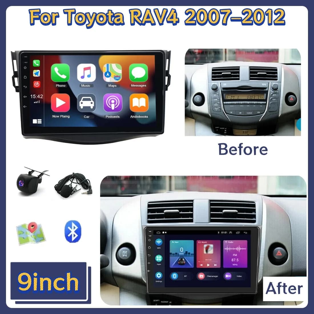 Autoradio da 9 pollici per Toyota RAV4 2007-2012 Android 13 2+64G con Carplay, Navigazione GPS, Bluetooth, Wifi e Accessori