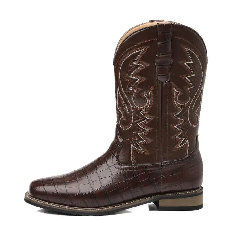 Mens Boots Crocodile Pattern High Boots Embroidered Retro Mid-Calf Boot Slip on Western Cowboy Boots Wide Head Outdoor Men Shoes