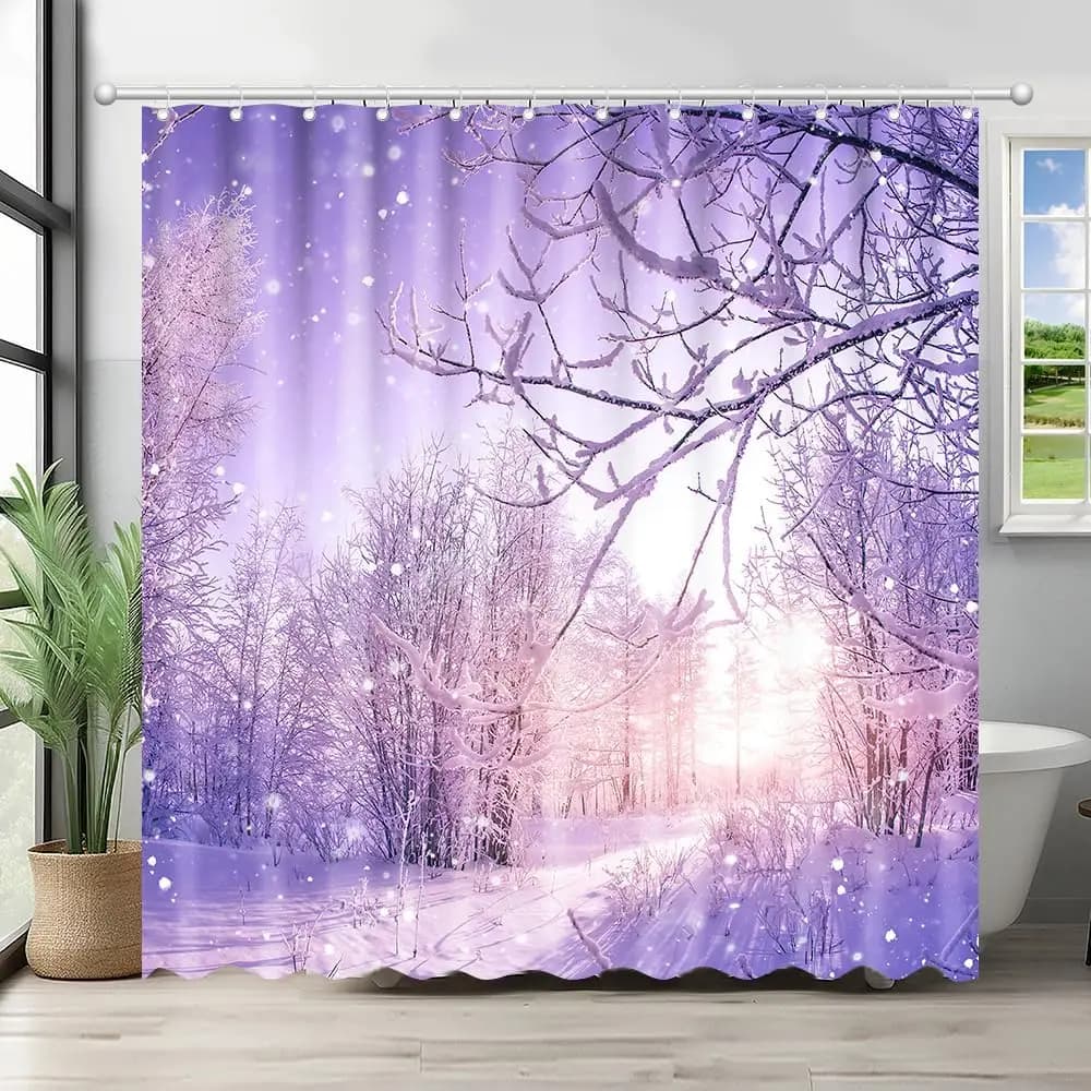Tenda da doccia paesaggio nevoso invernale Natale Paese delle meraviglie invernale Fiocco di neve Decorazioni per il bagno di casa Vasca da bagno nella foresta nevicata