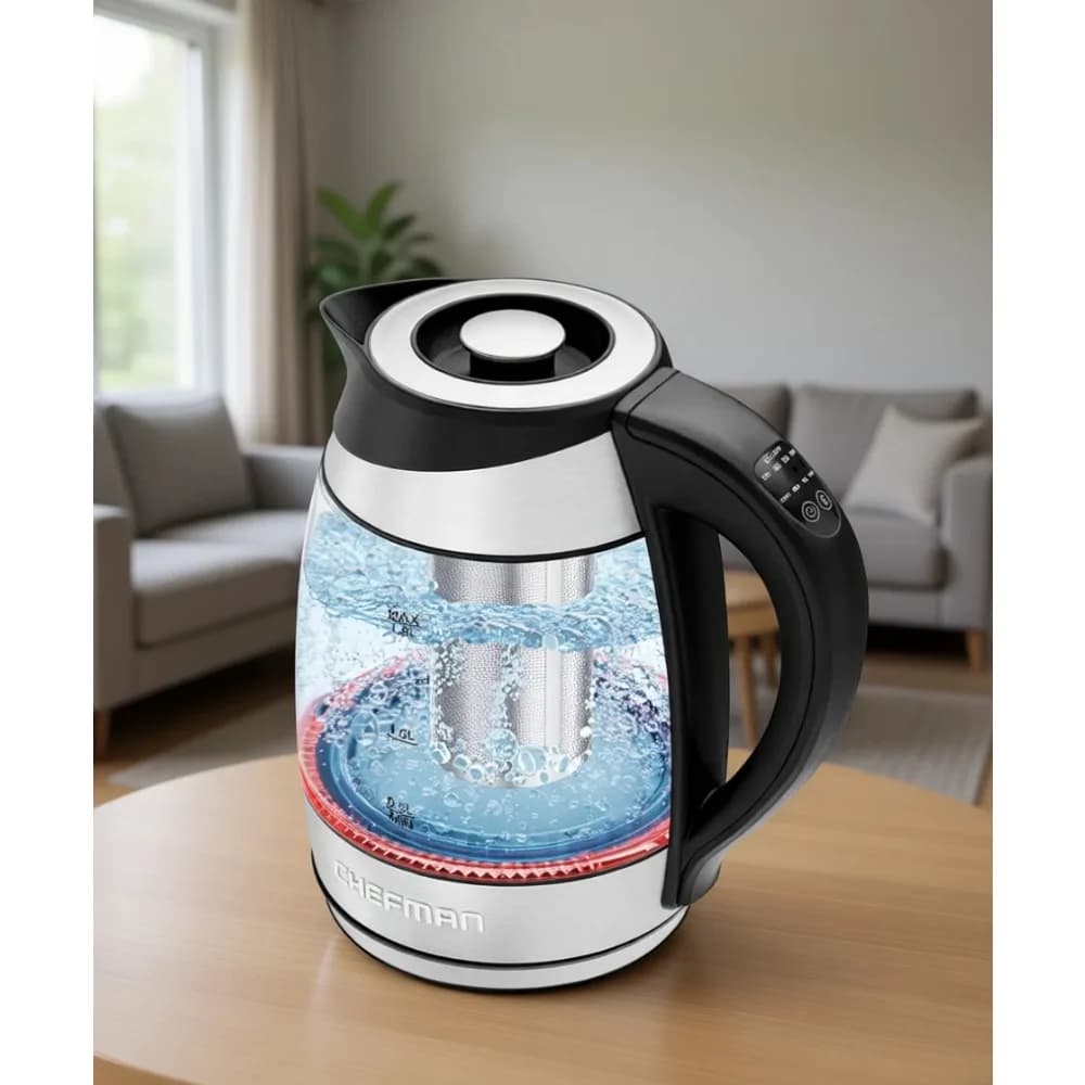 Bollitore Elettrico con Controllo della Temperatura, 5 Impostazioni, Luci LED, Infusore Rimovibile, Base Girevole a 360°, Senza BPA, 1,8L