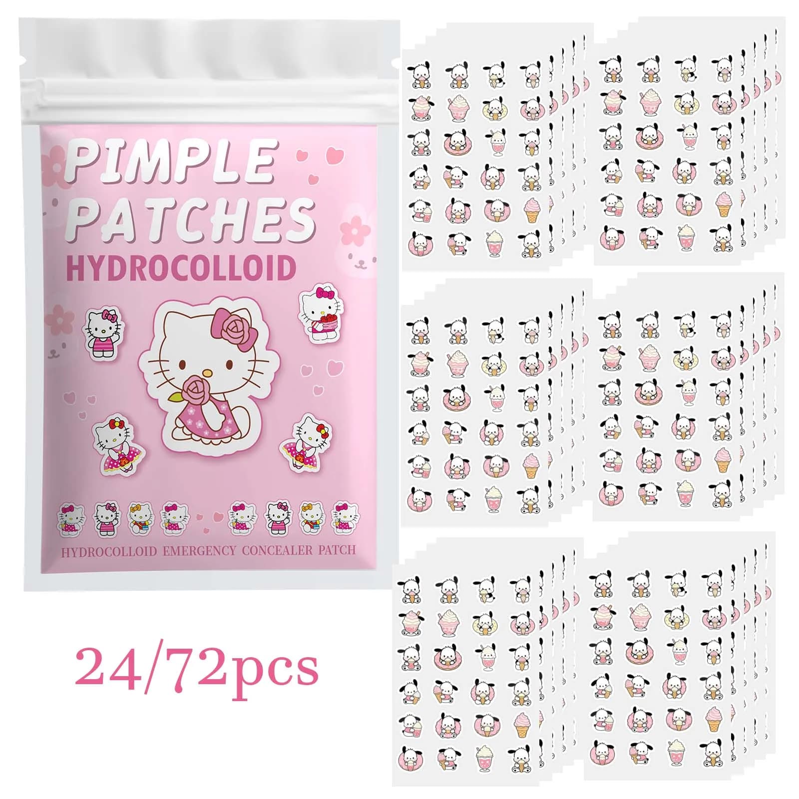 24/72PCS Sanrio Hello Kitty Hydrogel Acne Patches Salicylic Acid Centella Soft Cover Spots Invisible