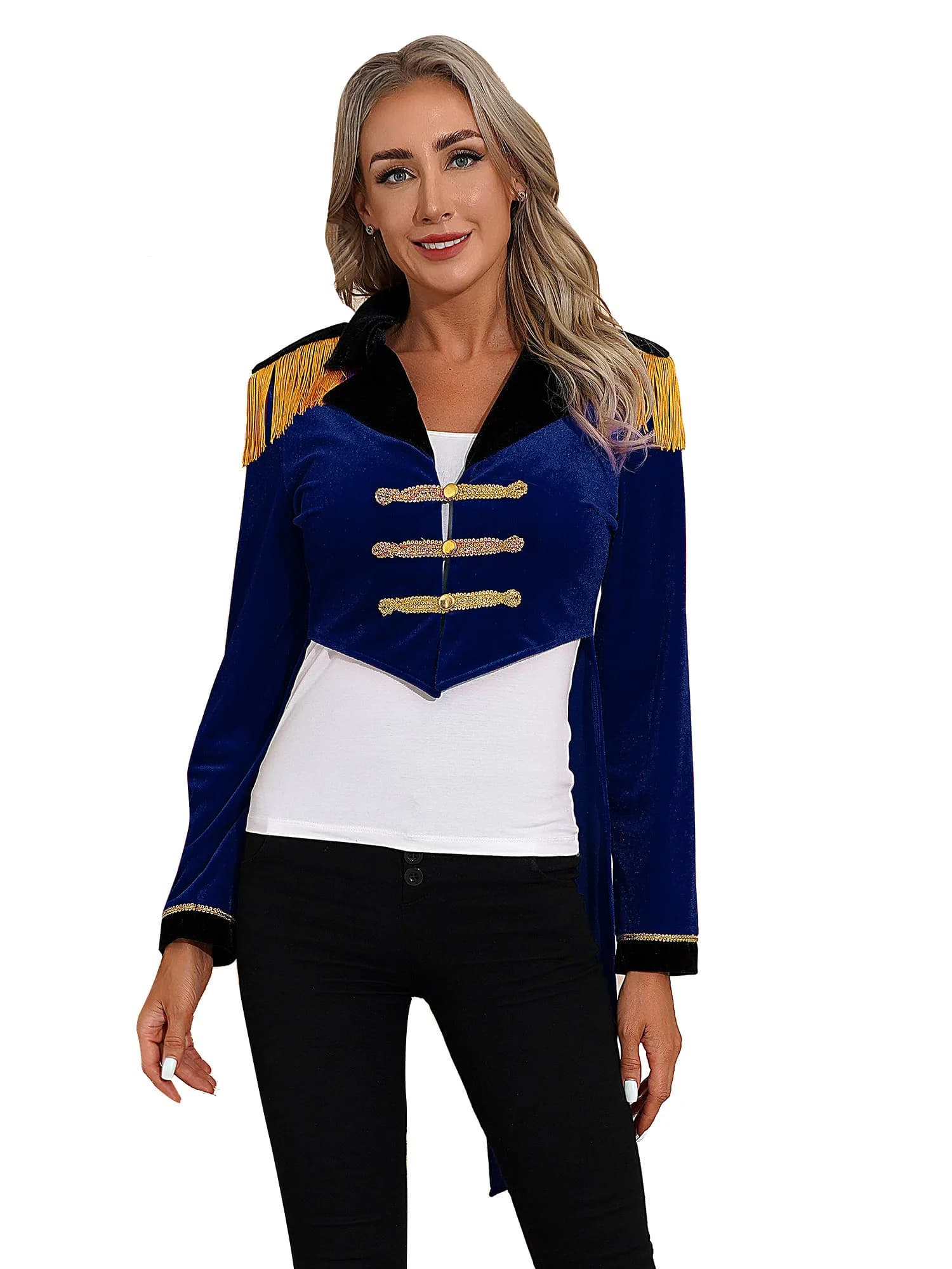Womens Circus Ringmaster Costume Long Sleeve Fringe Tassel Shoulder Jacket Coat for Carnival Halloween Party Cosplay Outerwear