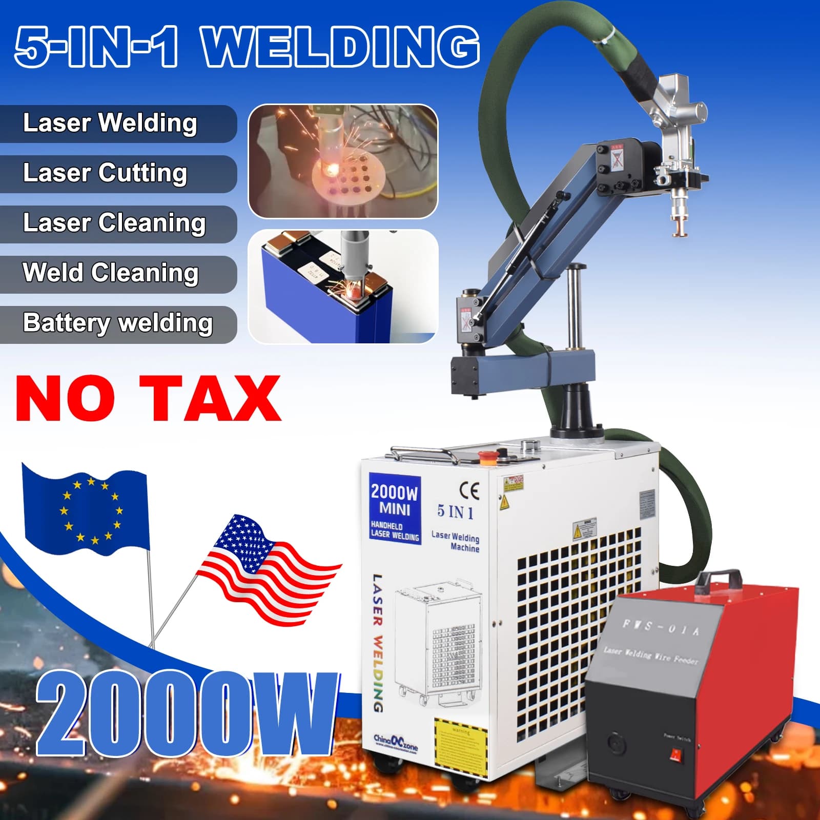 2000W 5-IN1 Saldatore Laser Saldatrice Laser a Fibra Ruggine Industriale Rimuovere Macchina da Taglio Saldatura a Batteria Doppio pendolo