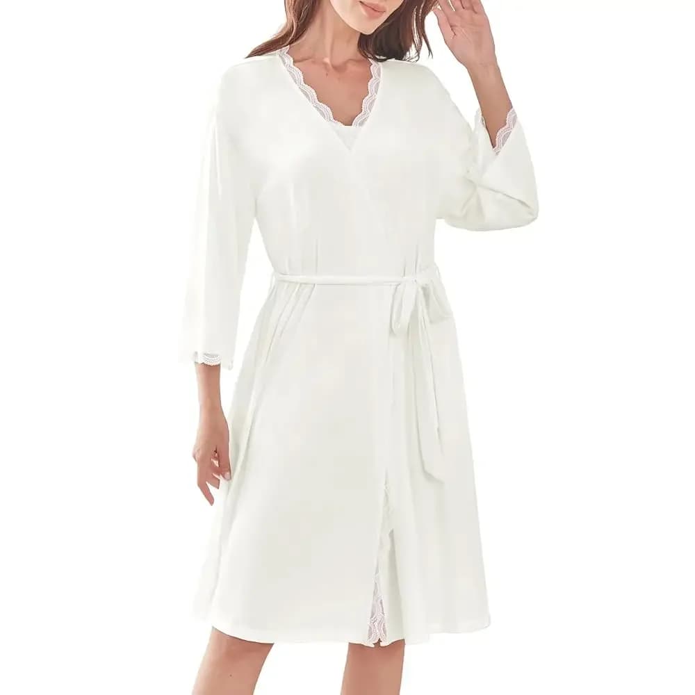 Accappatoi da donna in morbido rayon lavorato a maglia, kimono con bordo in pizzo, lunghezza al ginocchio, abbigliamento da notte con tasche