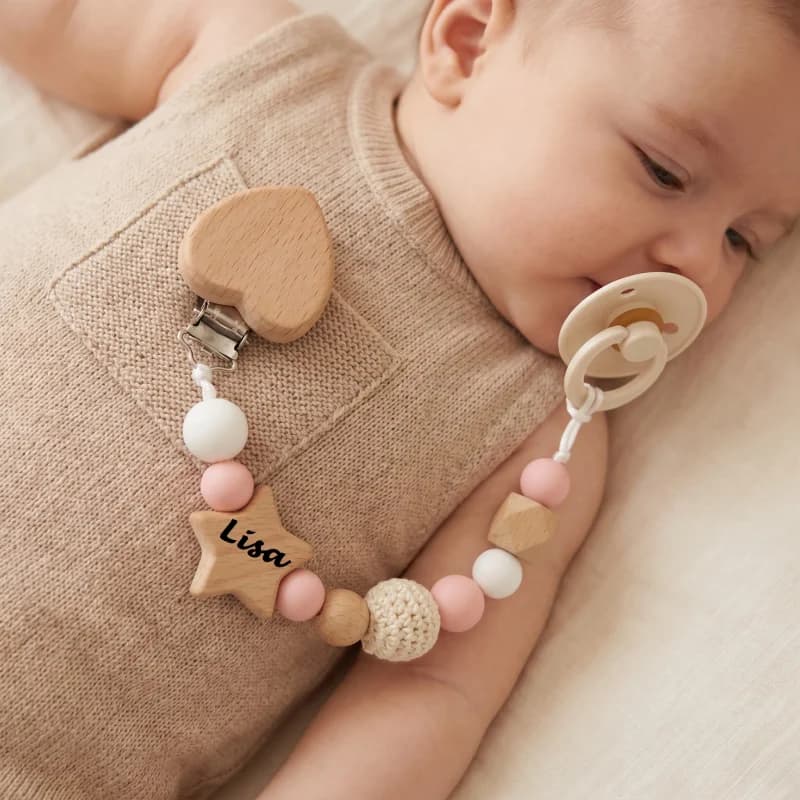 Catenella Portaciuccio Personalizzata con Nome, Clip in Silicone e Legno per Ciuccio, Senza BPA, Regalo per Baby Shower