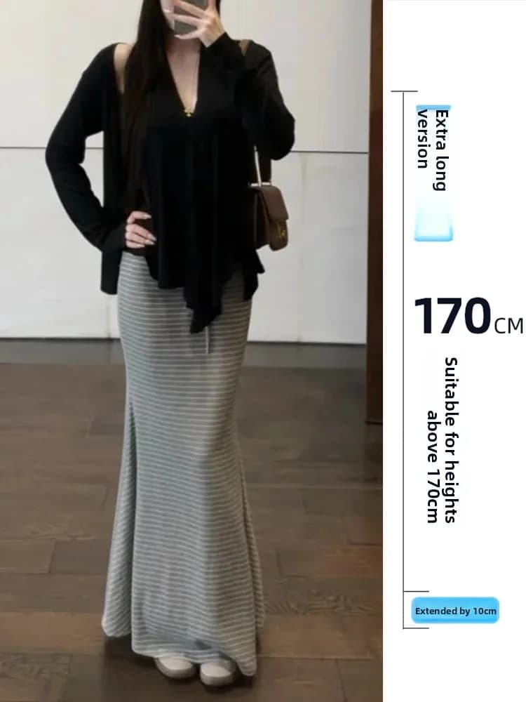 Gonna a sirena a righe bianche slim fit da donna, a vita media, elasticizzata, modello coreano, con cintura, ideale per il commuting