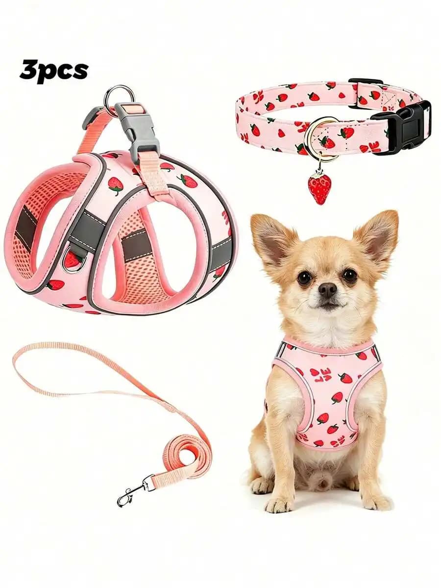 Strawberry Pattern Pet Dog Collar + Leash + Harness Set, Soft 1.5M Chest Strap Harness Suitable For Cats And Dogs