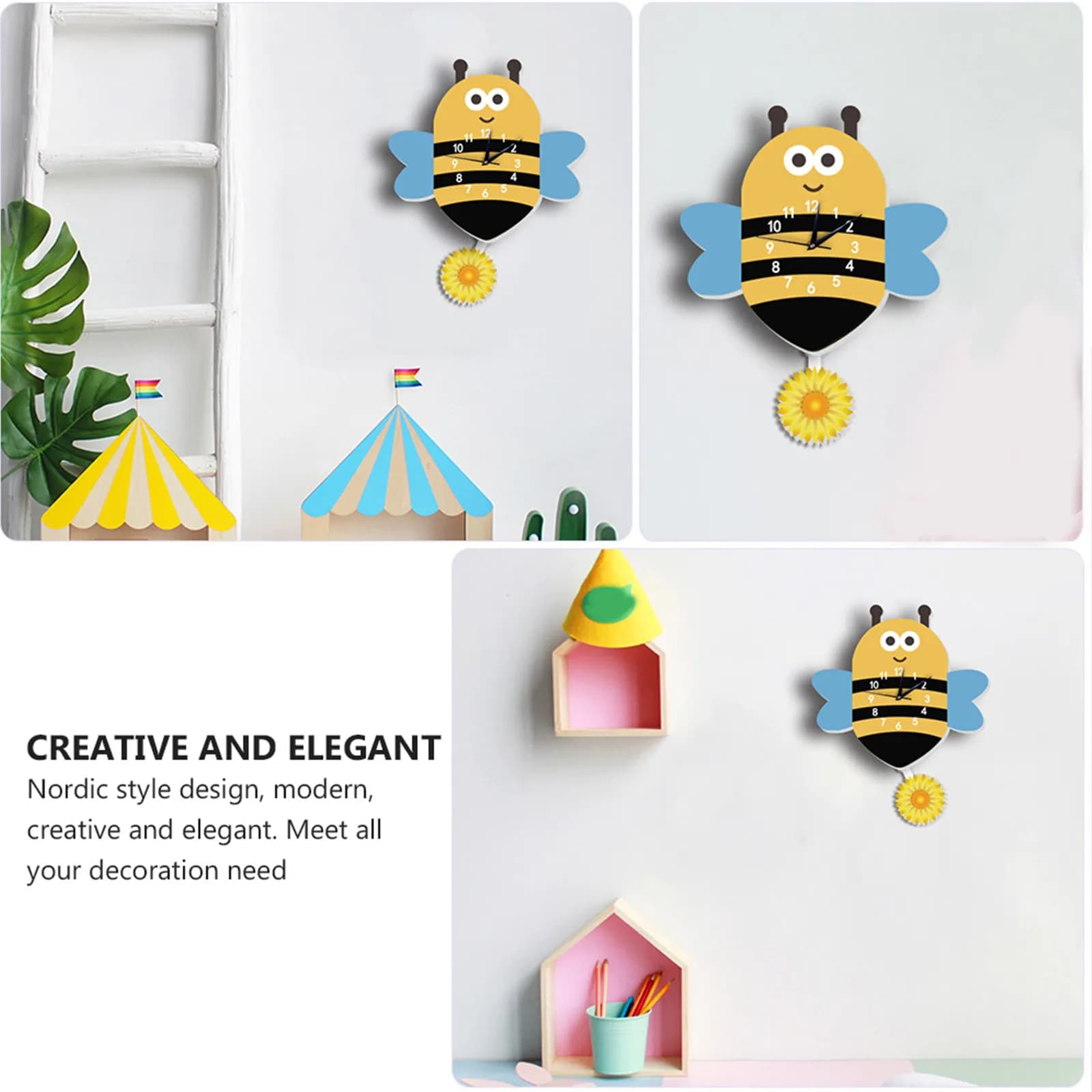 Silent Wall Clock Cartoon Bee Design Nordic Elegant Modern Decorative Clock Large Arabic Numbers for Children's Room Living Room