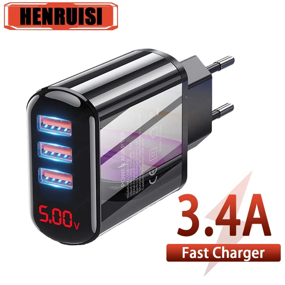 USB Charger 3.4A Digital Display Fast Charging Quick Charge 3.0 Mobile Phone Charger For iPhone 15 Samsung Xiaomi14 Huawei Phone