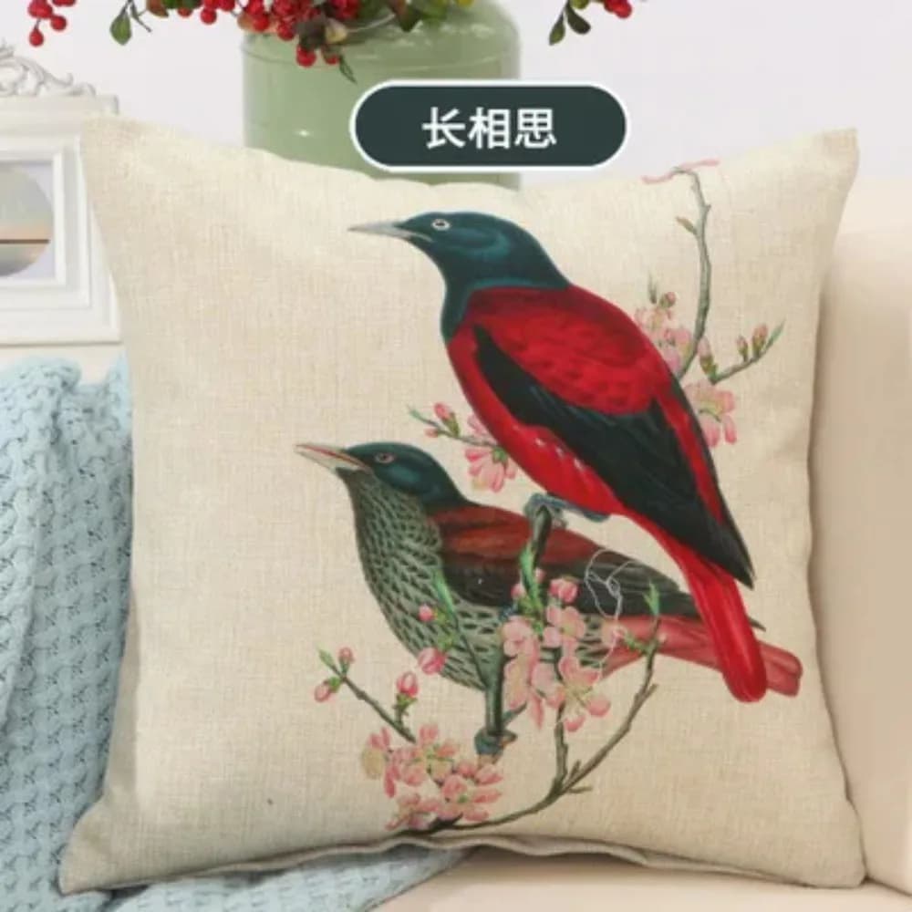 Luxury Cotton Linen Pillow Cover Country Birds Print Flower Cushion Case For Sofa Car Seat Decor Soft Throw Pillowcase