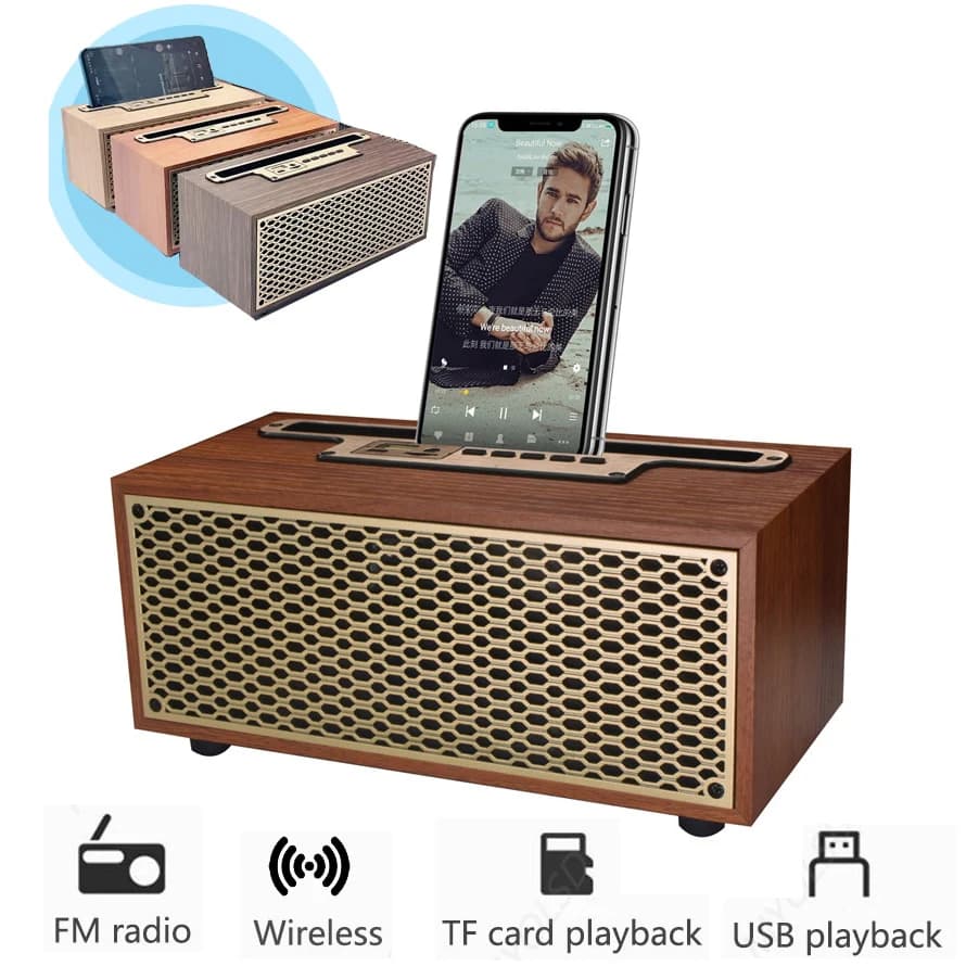 FM/AM Altoparlante Bluetooth vintage con venature del legno TWS Subwoofer wireless Radio portatile Regalo Altoparlante stereo con supporto per telefono cellulare