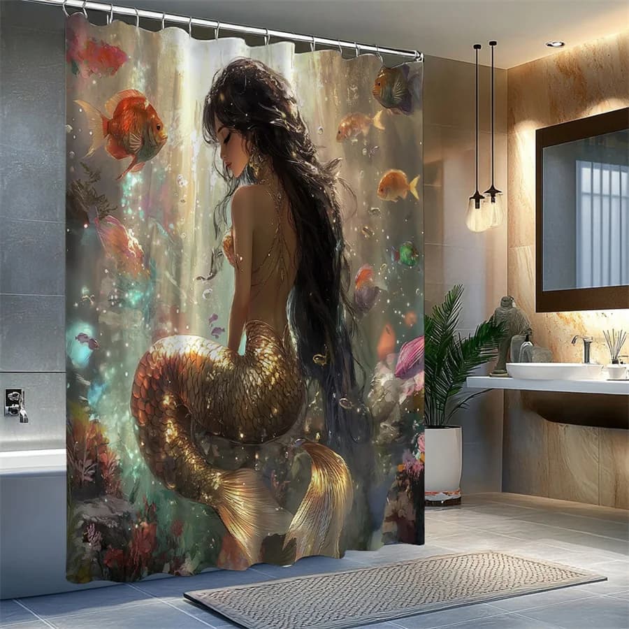 Luxury Mermaid Ocean Fantasy Shower Curtain Waterproof Bathroom Decor Tropical Nautical Siren Illustration for Modern Home