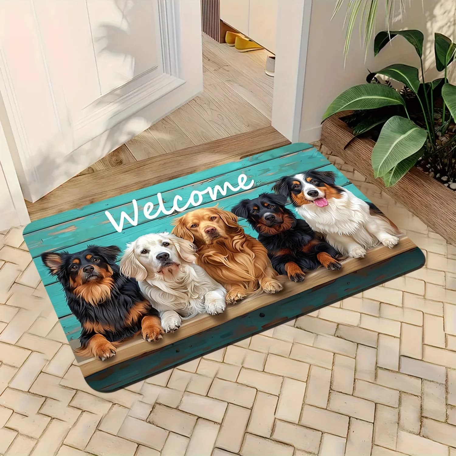 Lovely welcome carpet with puppies, non-slip carpet, yoga carpet, washable in washing machine and resistant to fading, suitable for living room, bedroom, bathroom, kitchen, study, computer room, soft polyester flannel fabric, decorative carpet for interior and exterior, decorative article for the house.