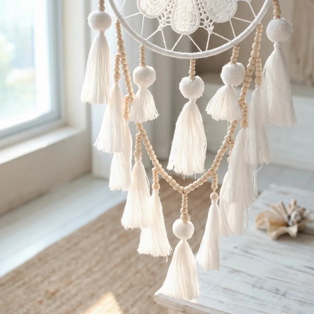 Ornament 25.6inch Macrame Dream Catcher White Tassels Dream Catcher Macrame Wooden Beads Wall Hanging Bedroom