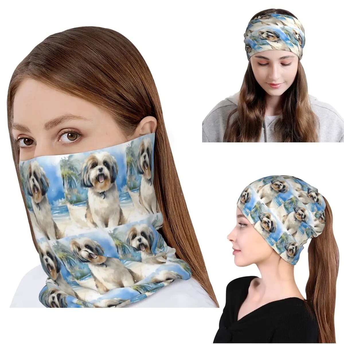 Shih Tzu On The Beach Bandana Neck Gaiter Mask Sciarpa Maschera multifunzione per il viso Cappello Beanie per uomo donna adulto antivento