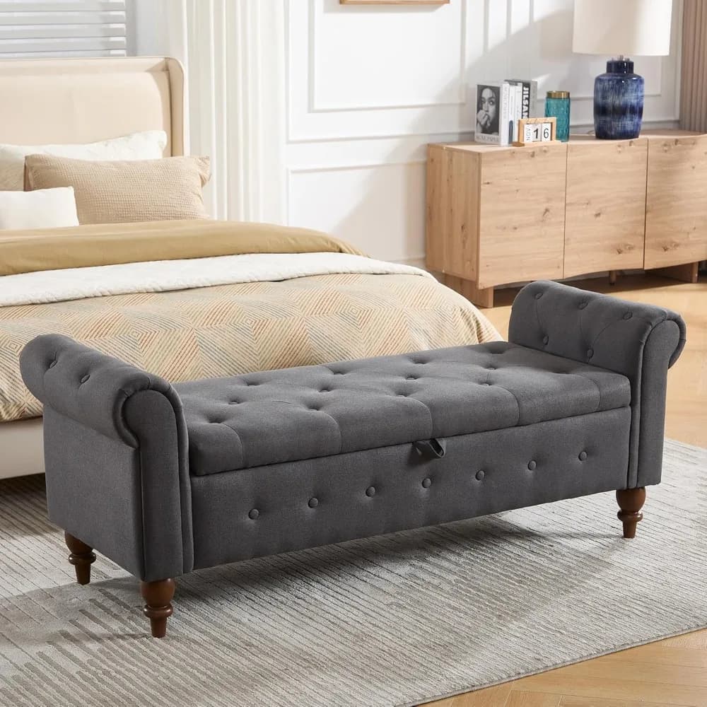 Panca ottomana portaoggetti da 63 pollici, panca per camera da letto con braccioli e gambe arrotolati, pouf imbottiti con contenitore king size per