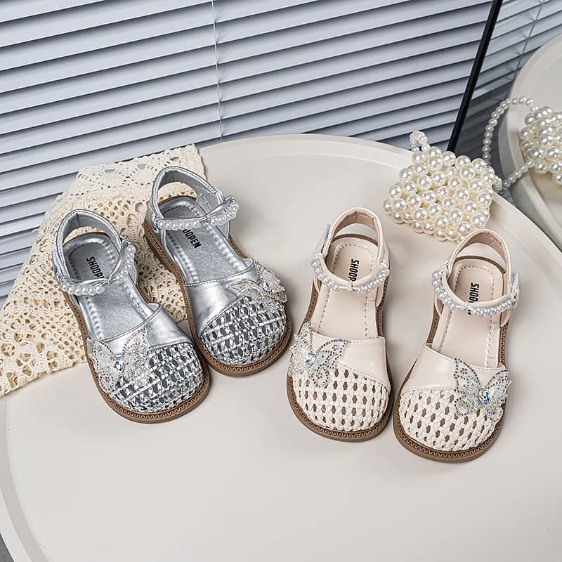 Spring Summer Kids Toddler Girls Princess Butterfly Rhinestone Woven Sandals Pearl Non-Slip Sole for Daily School Outdoor Wear