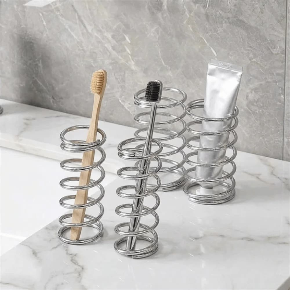 Stainless Steel Spring Shaped Toothbrush Holder Hollow Silver Makeup Brush Storage Rack Space Saving Toothbrush Rack
