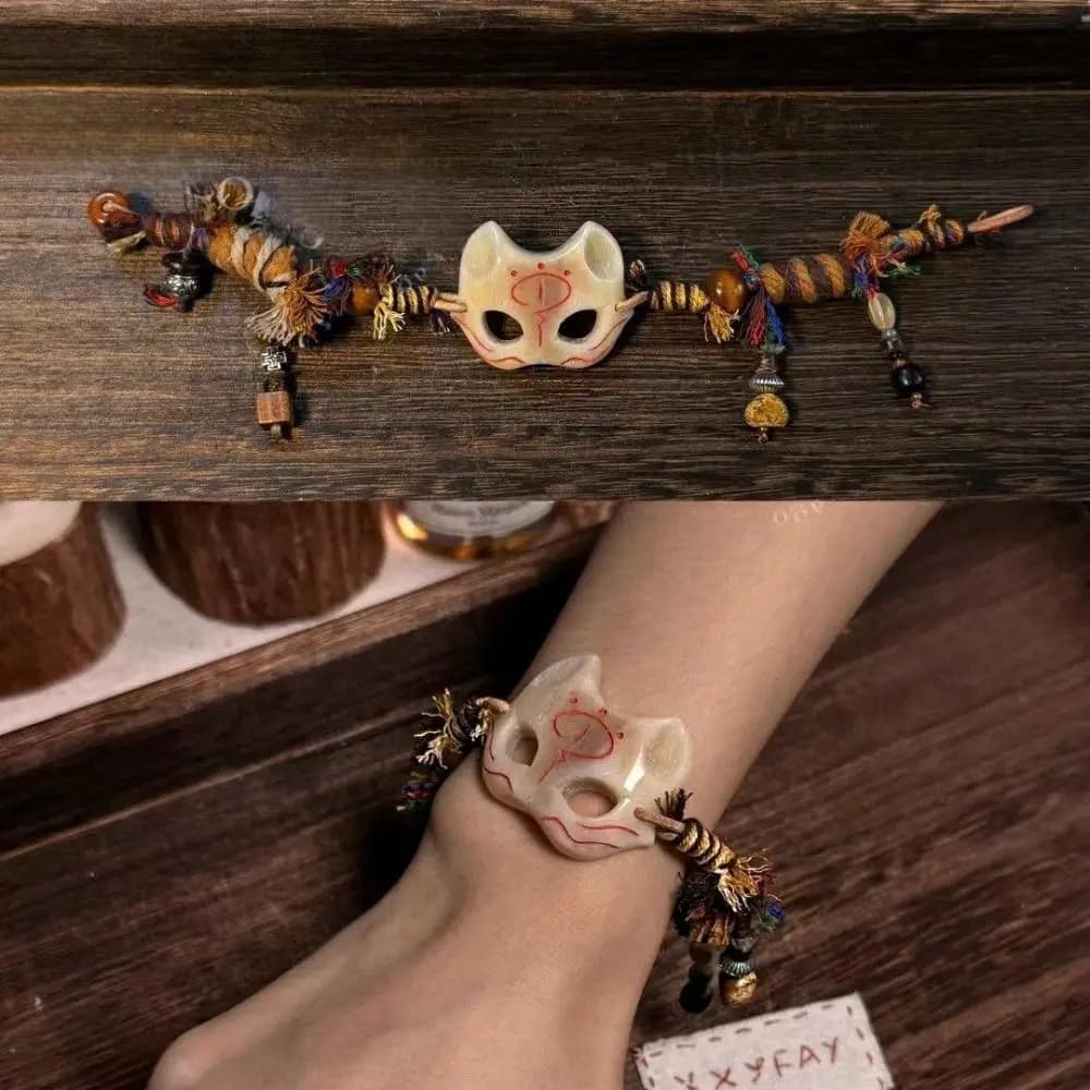 Temperament Bohemian Weave Rope Bracelet Vintage Wax Rope Ethnic Style Bracelet Mask Wood Beads Retro Hand Ring Women