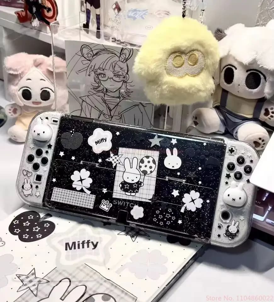 Custodia Protettiva Anti-Caduta Originale Miffy per Switch OLED NS NS2 Lite con Glitter e Cover per Impugnatura Trasparente Nera Bianca - Disponibile Subito, Idea Regalo