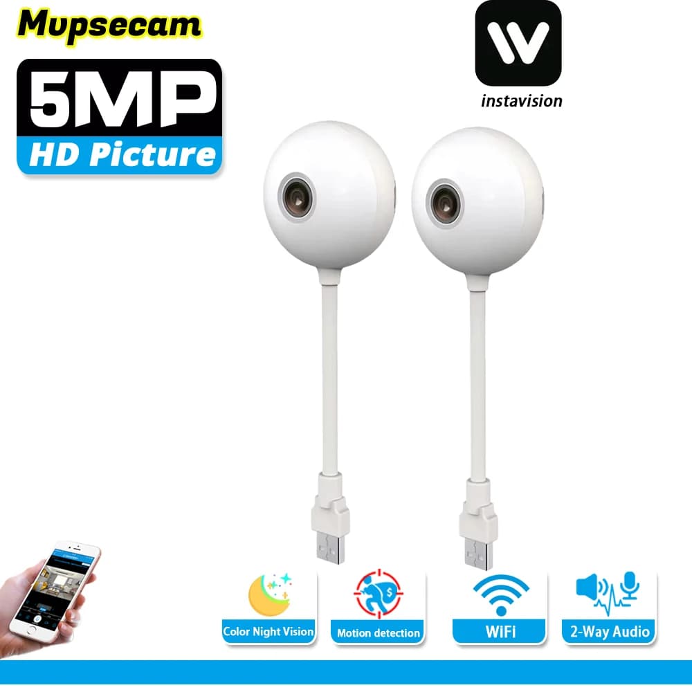 Mini Telecamera di Sicurezza WiFi 5MP per Interni, Telecamera Wireless USB a Forma di Lampadina con Rilevamento Movimento e Audio Bidirezionale per Monitoraggio e Protezione dei Bambini