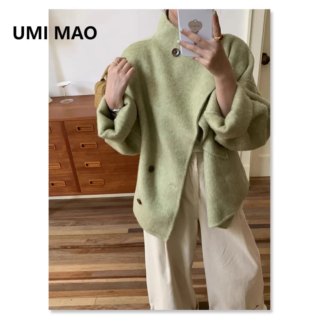 UMI MAO Cappotto di lana Donna Stile coreano Allentato Pigro Avocado Seta di gelso Breve Double-Sided Giacca cucita a mano Cappotto femminile