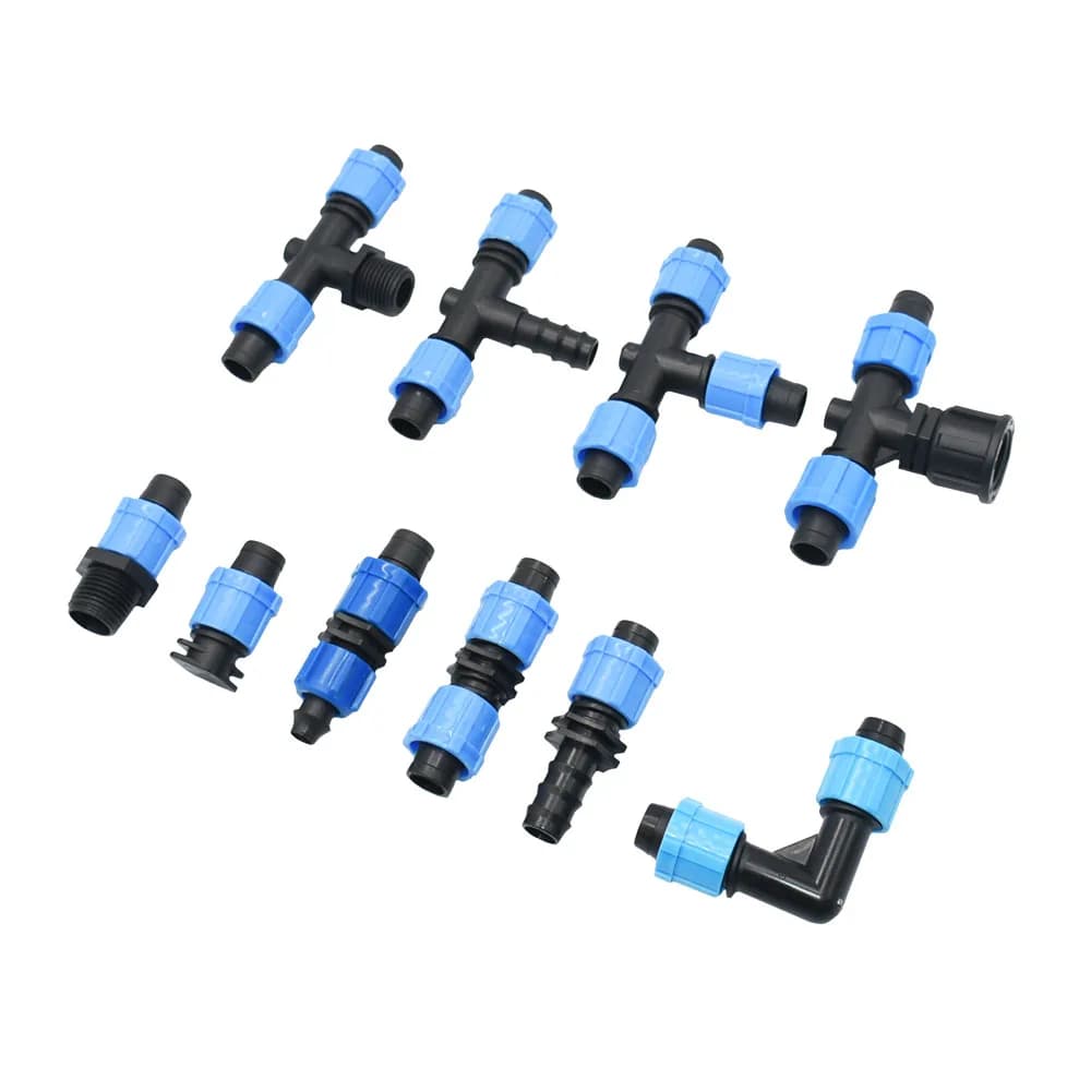 25 pz 16mm Connettori Nastro Gocciolante Gomito Spina Dritto Tee Acqua Splitter Raccordo Adattatore Tubo Dado di Bloccaggio