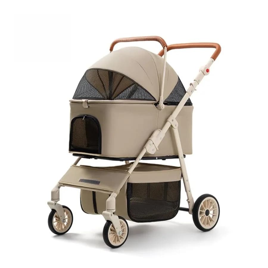 Passeggino 3-in-1 per Cani e Gatti Marrone Chiaro, Tessuto in Poliestere, Leggero e Resistente, Trasportino Rimovibile, Cestino Portaoggetti, One-H