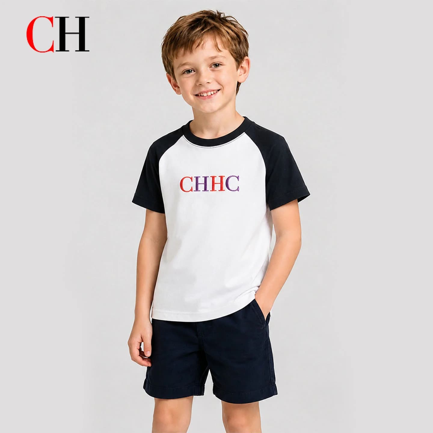 CH Boys Raglan T Shirt Short Sleeve Letter Print Color Block Crew Neck Casual Summer Tee Kids Children Tops