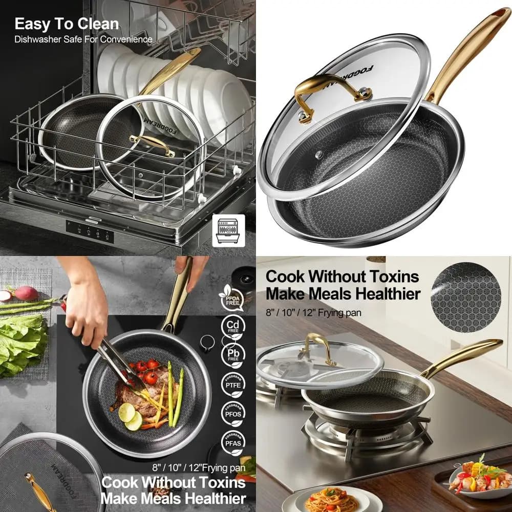 Anti-adhesive 12-inch bowl with Tempered Glass Cover, stainless steel, Suitable for All Cooking Plans, Dishwasher Washable and Used in Oven