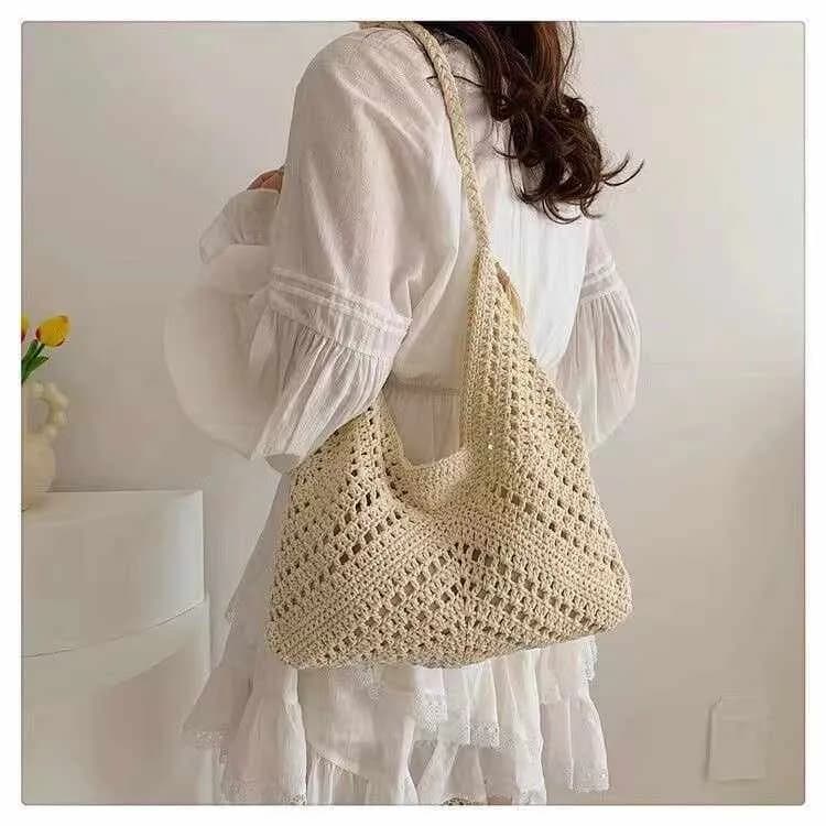 Summer Travel Versatile Knitted Cotton Yarn Underarm Bag New Style Beach Packing Bag Casual Handbag Tote Bag for Men And Women