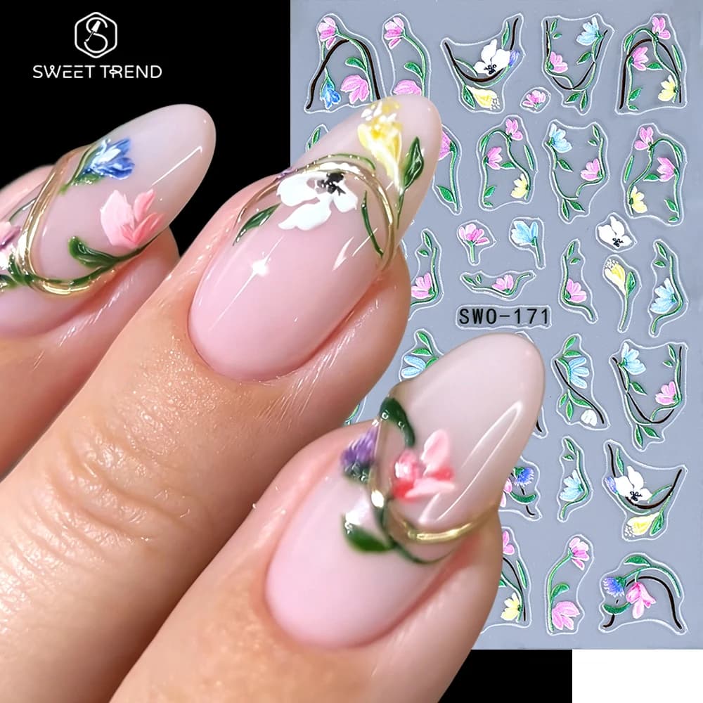 SWEET TREND-5D Adesivi per Unghie con Fiori in Rilievo, Decorazioni per Nail Art in Stile Lavanda Francese, Accessori per Manicure Estiva