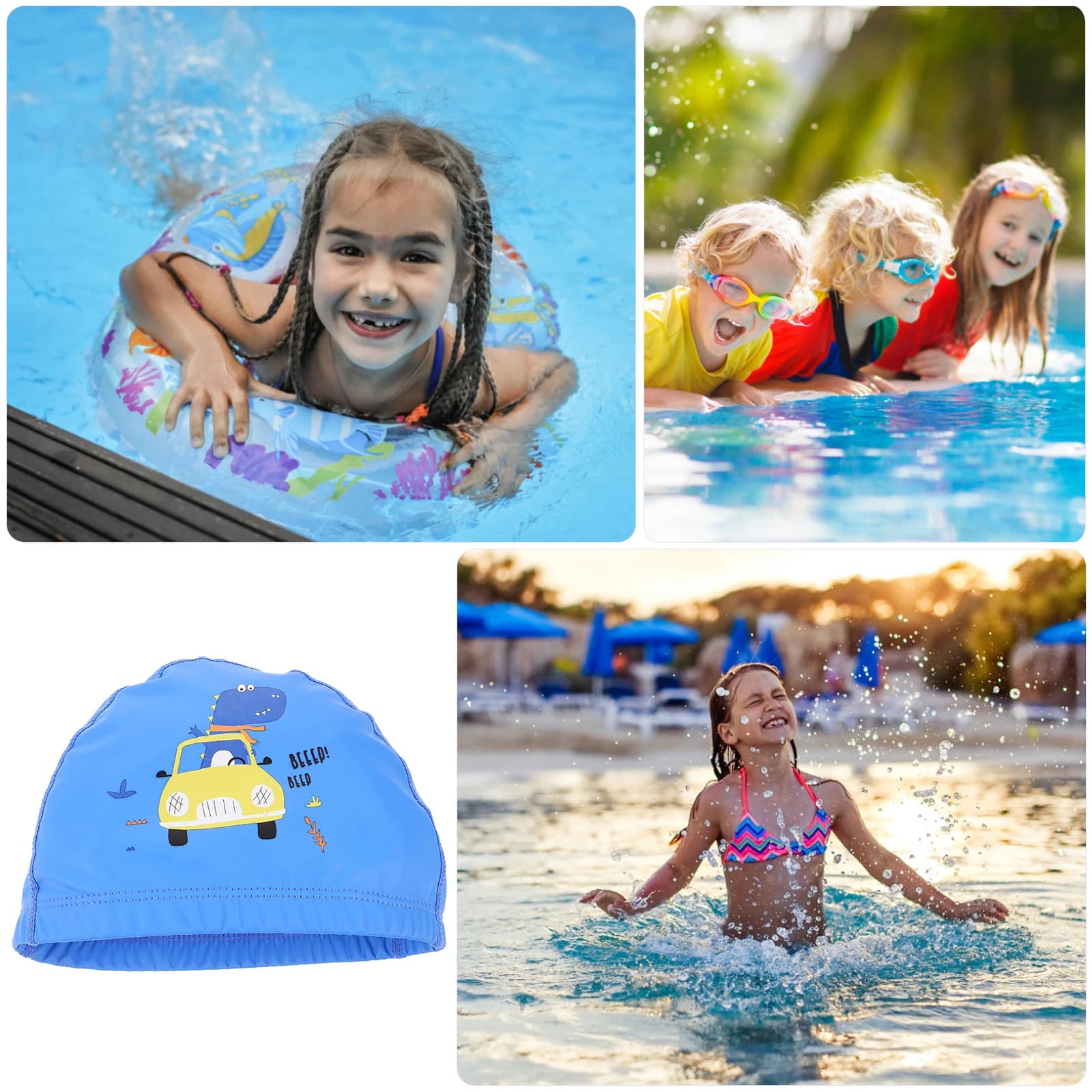 Animated cartoon-shaped swimming cap for children, boys and girls, ear protection, PVC, waterproof, breathable, elastic, hydrodynamic design