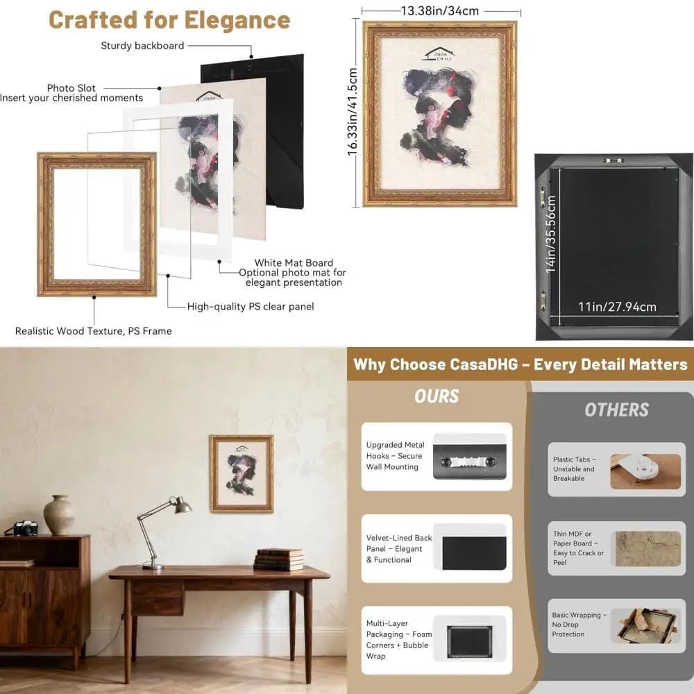 Pair of 11x14 Gold Classic Frames, Timeless Style for Home, Office & Wedding Decorations