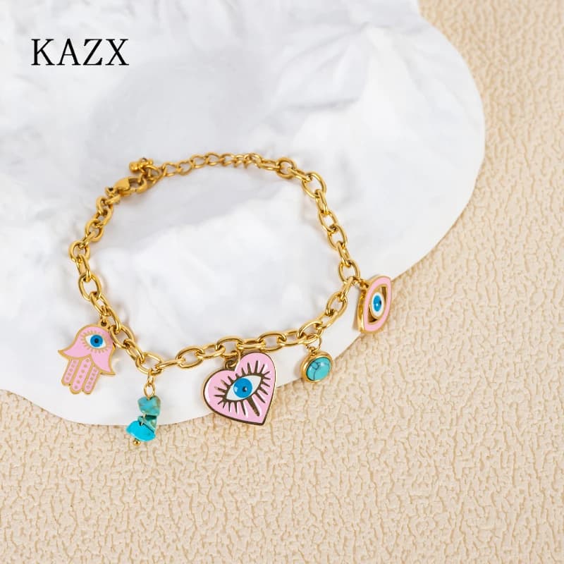 KAZX Hypoallergenic Stainless Steel Evil Eye Bracelet Gold Plated Pink Enamel with Turquoise Stone Adjustable Daily Wear Jewelry