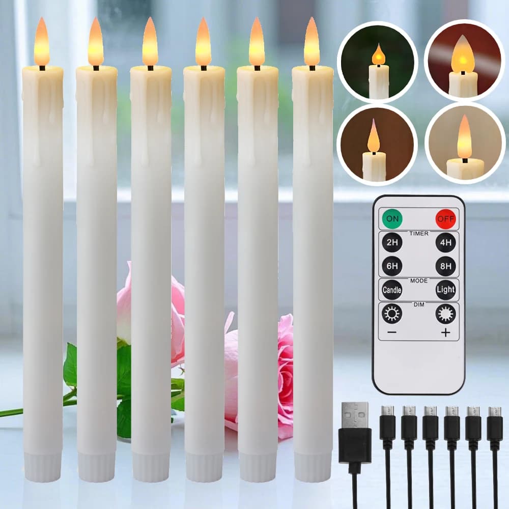 Rechargeable Flameless 9.6" Tea Light Candles with Remote & Type-C Charging Cable LED Flickering Dripping Wax Votive Candlestick