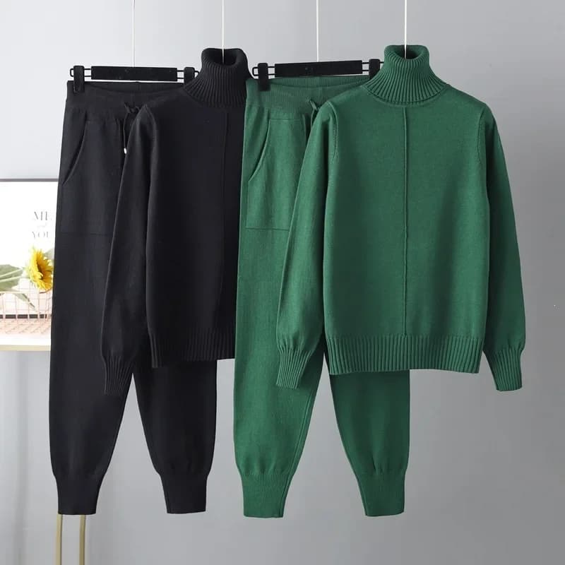 Autumn Winter Women High Neck Knit Pant Sets female Elegant Loose Sweater 2-piece Set Casual Loose pullover Women's Clothing