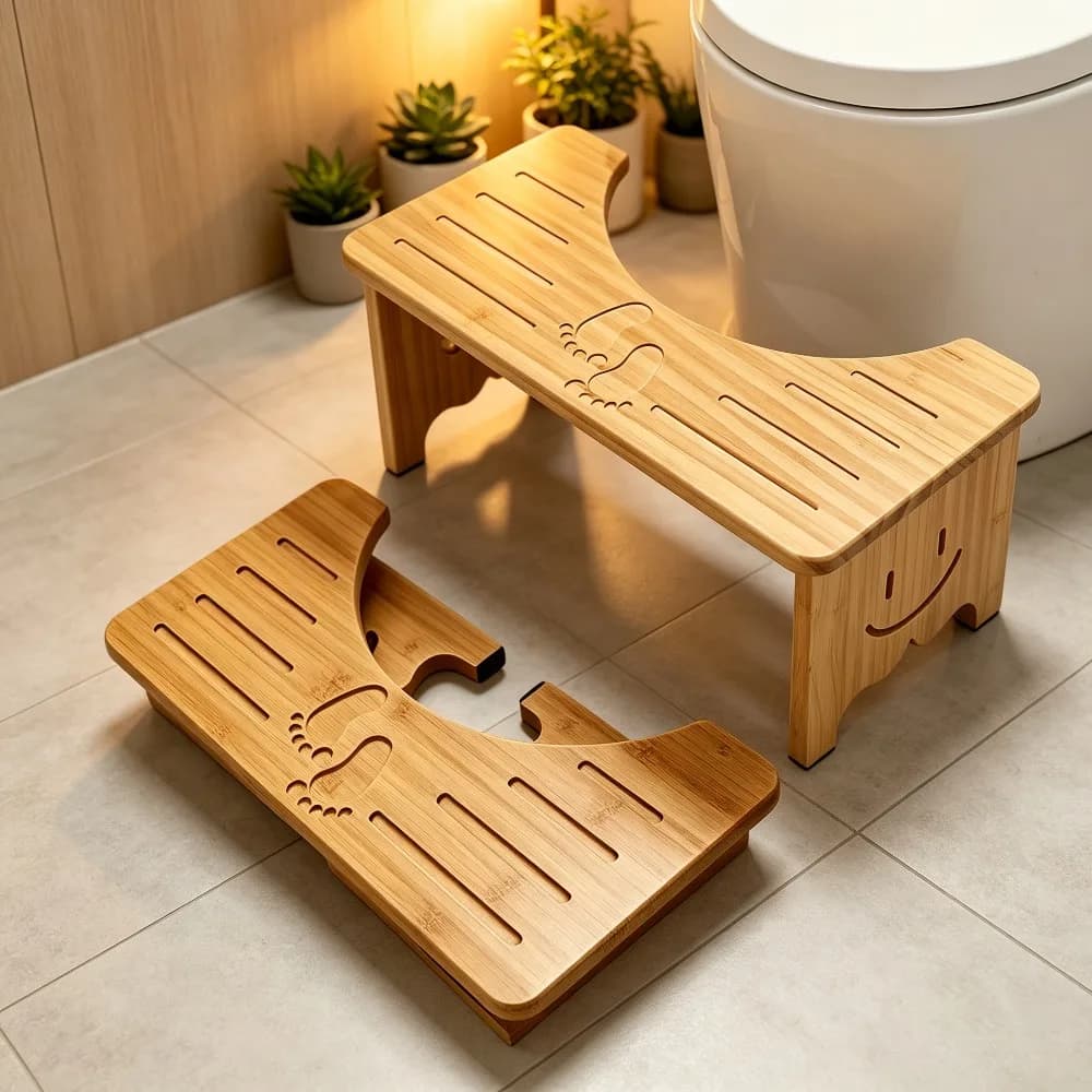 Bamboo Toilet Stool Squat Foldable Potty Stool for Adults Kids with Non-Slip Layer to Improve Bathroom Posture and Comfort