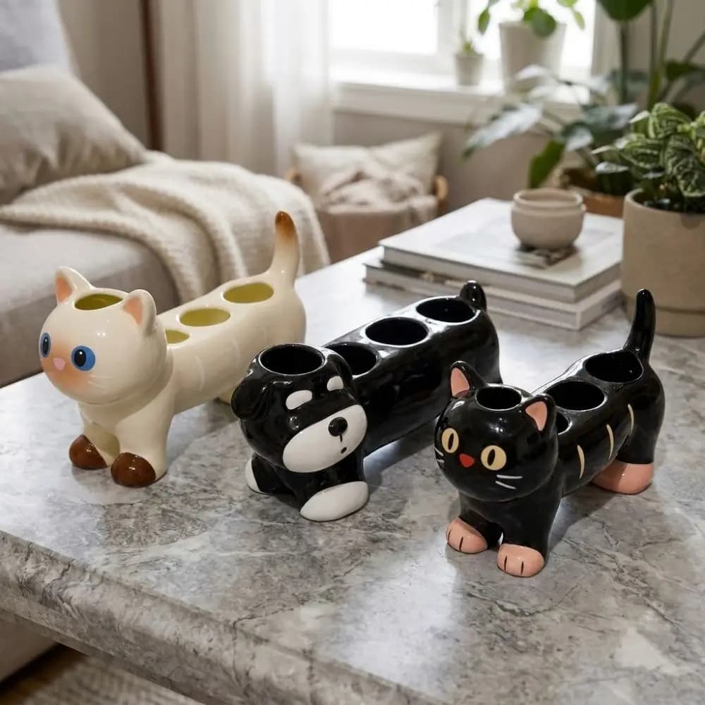 Portaspazzolino in Ceramica a Forma di Gatto/Cane con 4 Fori, Supporto Impermeabile per Spazzolino Elettrico, Porta Spazzolini Divertente a Cartone Animato