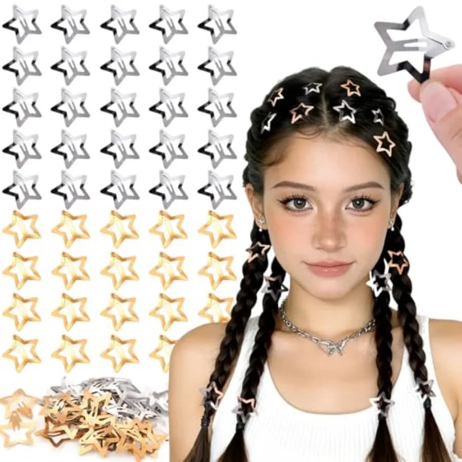 50 PCS Gold Silver Star Hair Clips, 1.18 Inch Y2K Accessories Snap Hair Clips, Non-Slip Small Star Barrettes Metal Accessories