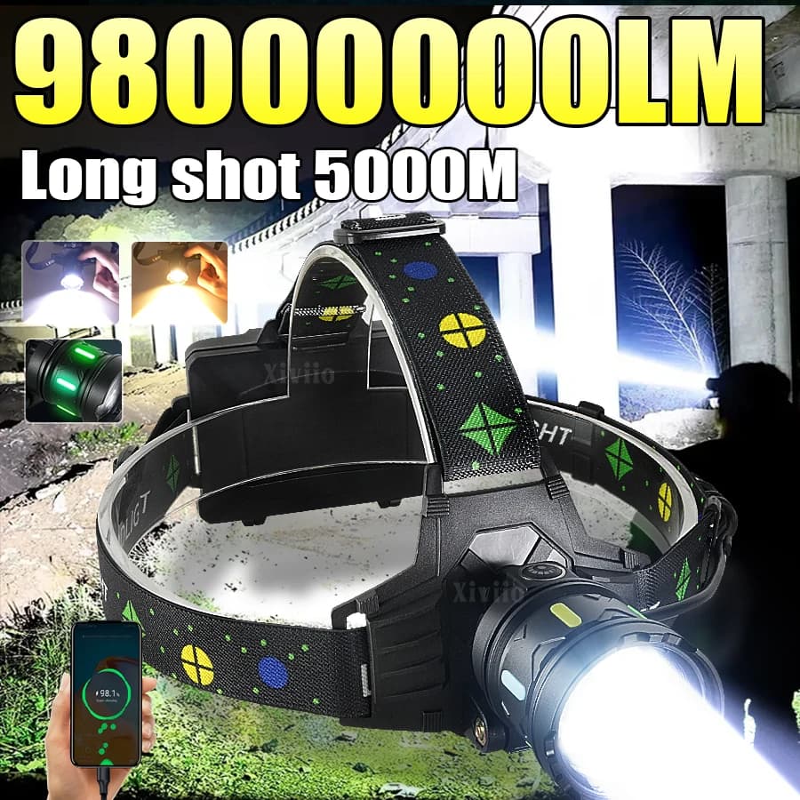 98000000LM Ultra Powerful LED Headlamp Super Bright Rechargeable Long Shot 5000M Head Flashlight Head Lantern Fishing Camping