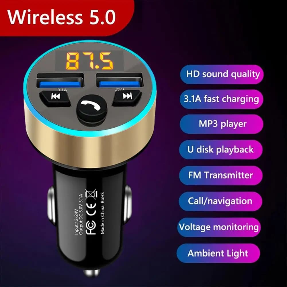 Trasmettitore FM Stereo per Auto, Lettore MP3, Ricarica Rapida 3.1A, Vivavoce, Bluetooth 5.0, Kit USB FM, Caricatore Modulatore N1T3
