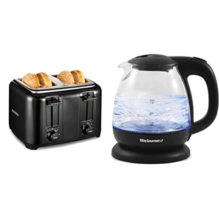 Tostapane a 4 Fette con Fessure Extra Larghe in Nero per Tostare il Pane, Bollitore Elettrico in Vetro Senza BPA da 1L in Nero per Bollire l'Acqua