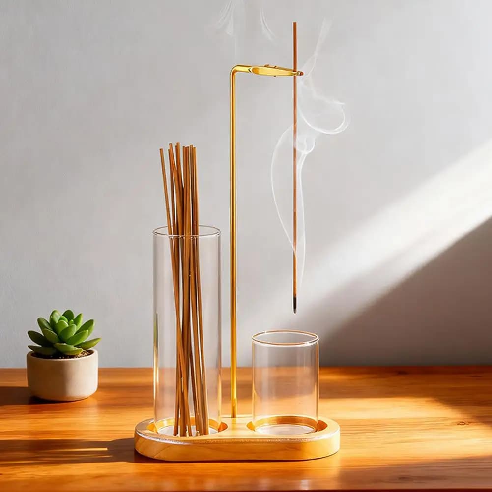 Portaincenso per bastoncini anti-cenere volante con raccoglitore di cenere in vetro e organizer per bastoncini per meditazione e yoga