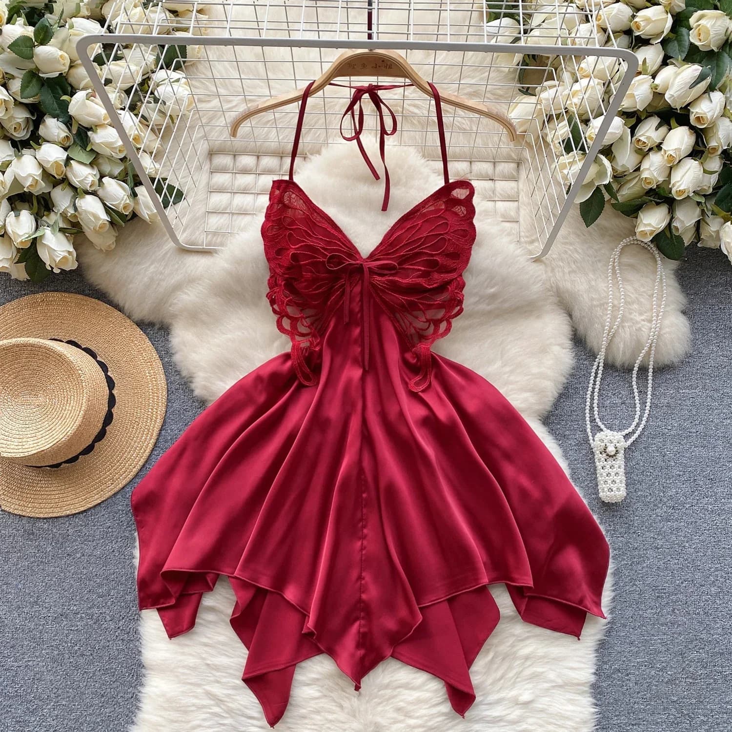 Sexy Christmas Pijama in Women's Lace Halter Splice Backless Bodydress Irregular Hotsweet Dress erotic porn slim